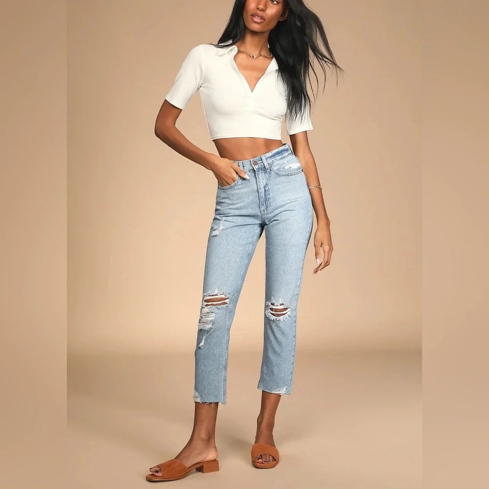 Vibes are Right Light Wash Distressed High Rise Cropped Jeans - Picture 1 of 10